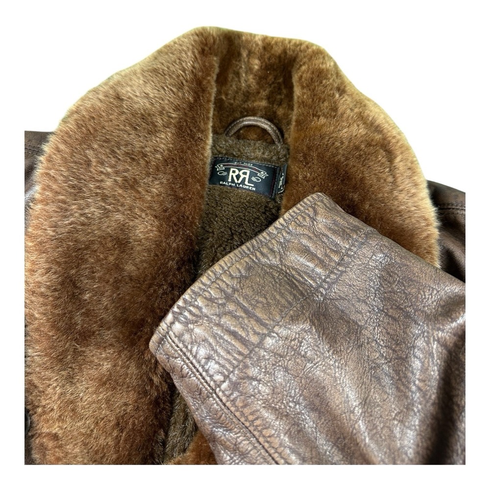 RRL Ralph Lauren Leather Double Breasted Moto Antiqued Fur jacket Size Large NWT - Picture 3 of 8